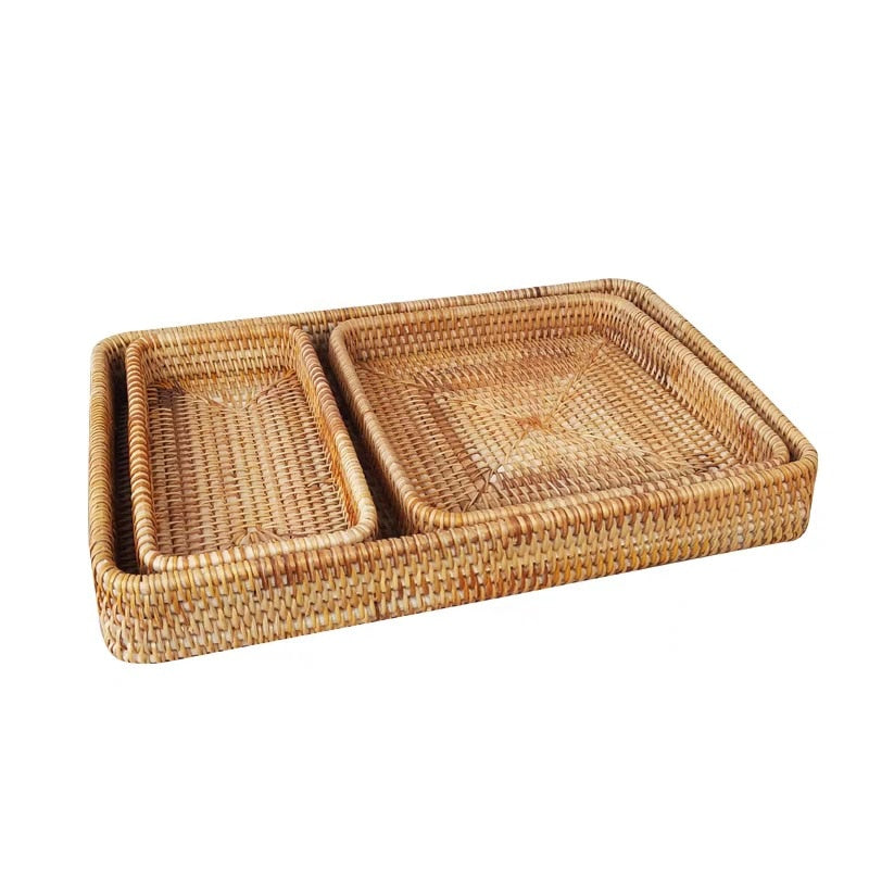 Rattan Storage Box Hand-Woven Rattan Storage Tray Wicker Basket Fruit Tea Organizer Kitchen Supplies Household Tools - Provence Home Living Store