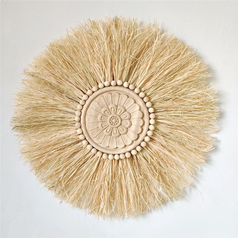 INS Nordic Round Woven Raffith Straw Hanging Pendant Wall Ornaments Moroccan Wooden Beads Carved Handicrafts Homestay Home Decor - Provence Home Living Store