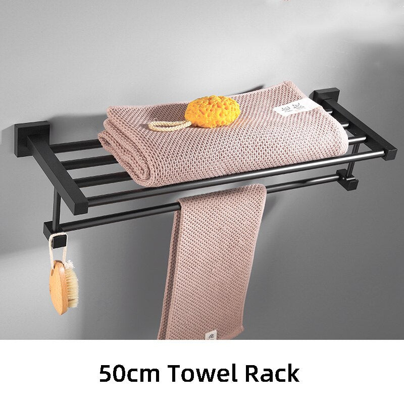 Black Towel Bars Bathroom Towel Hanger Aluminum Alloy Bathroom Accessories Towel Rack Towel Ring Toilet Brush Storage Shelf - Provence Home Living Store