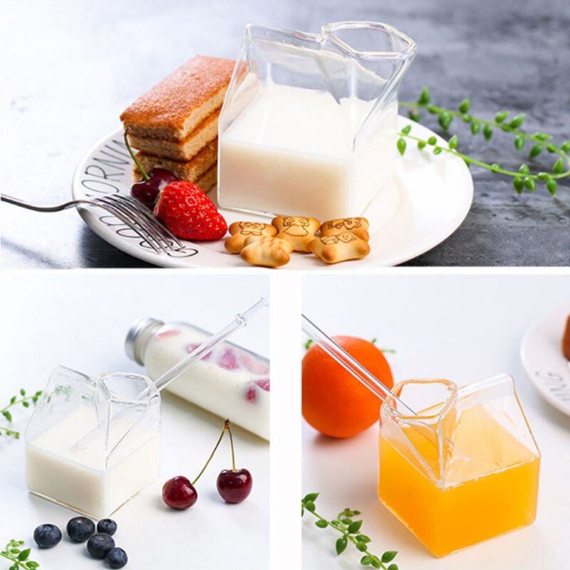 Square Glass Milk Box Cup Creative Transparent Glass Cup Nutrition Breakfast Cup Microwave Use Home Juice Coffee Milk Cup - Provence Home Living Store