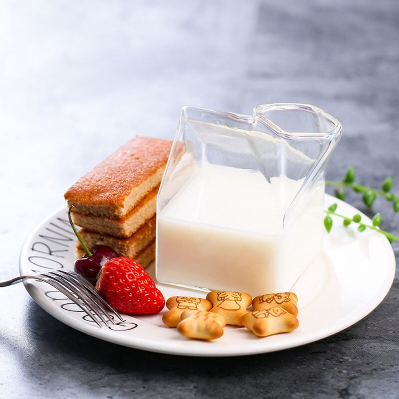 Square Glass Milk Box Cup Creative Transparent Glass Cup Nutrition Breakfast Cup Microwave Use Home Juice Coffee Milk Cup - Provence Home Living Store