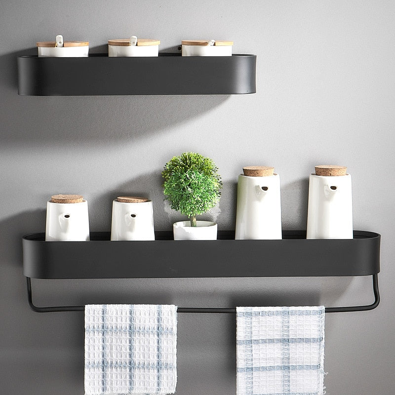 Bathroom Shelf Rack Wall Mounted Shelves Bath Towel Holder Black Shower Storage Basket Kitchen Organizer Bathroom Accessories - Provence Home Living Store