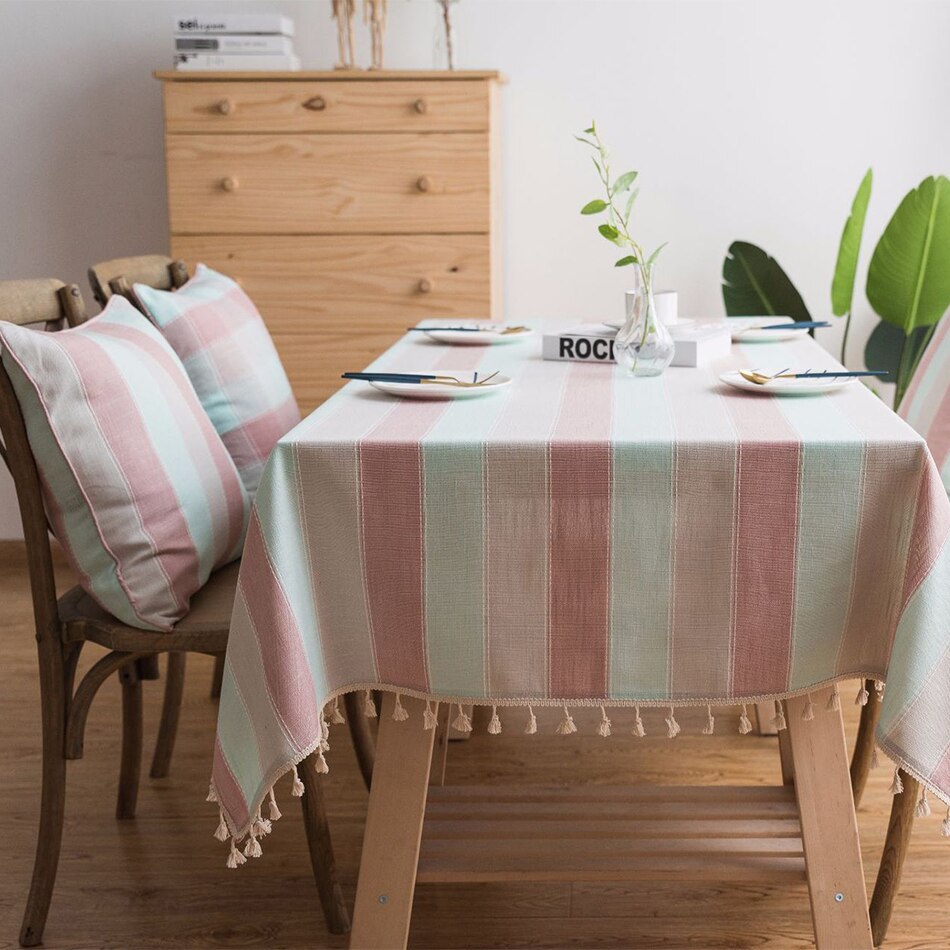 Striped Tablecloth with Tassels,Rectangular Linen Cotton Table Cover for Kitchen Dinning Room Tabletop Coffee Table Decoration - Provence Home Living Store