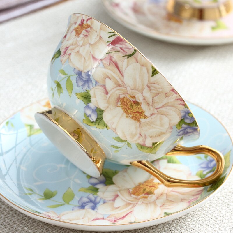 Elegant Gold Ceramic British Style Afternoon Tea Dessert Flower Tea Cup and Saucer Coffee Cup With Gold Handle office mug - Provence Home Living Store