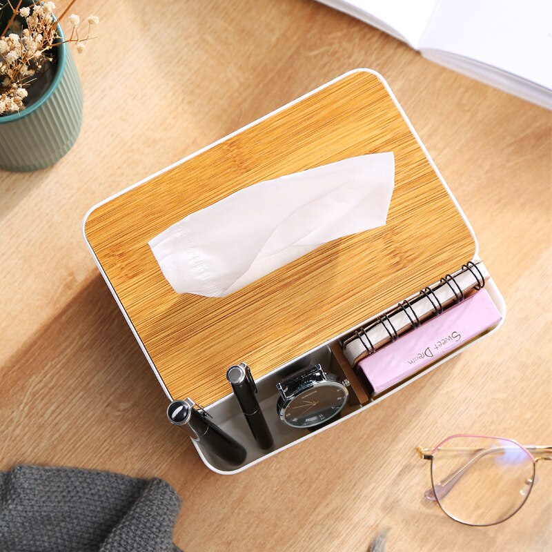 Tissue Storage Box Multi Function TV Remote Control Dining Table Desktop Tissue Box with Bamboo Lid Household Napkin Holder - Provence Home Living Store