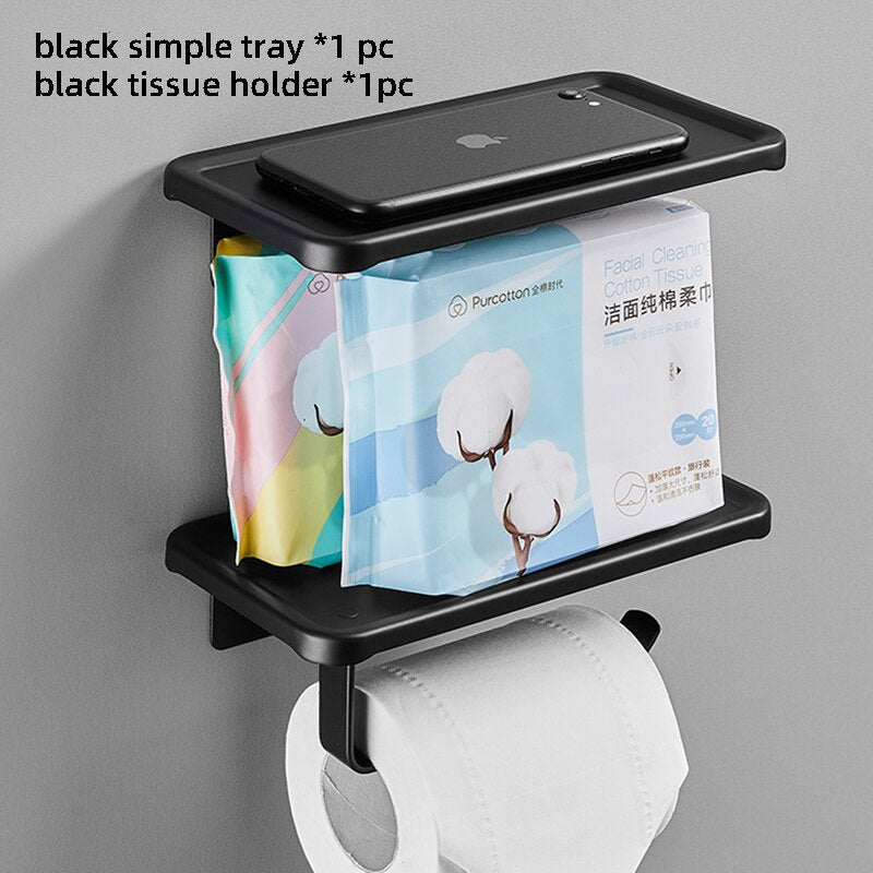 Black Wall Mounted Toilet Paper Holder Aluminium Tissue Paper Rack Roll Holder With Phone Storage Shelf Bathroom Accessories - Provence Home Living Store