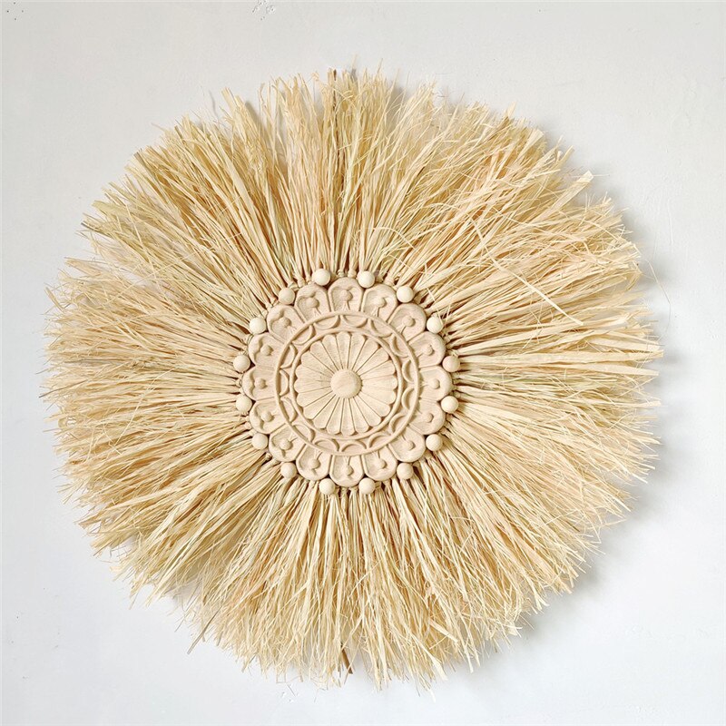 INS Nordic Round Woven Raffith Straw Hanging Pendant Wall Ornaments Moroccan Wooden Beads Carved Handicrafts Homestay Home Decor - Provence Home Living Store