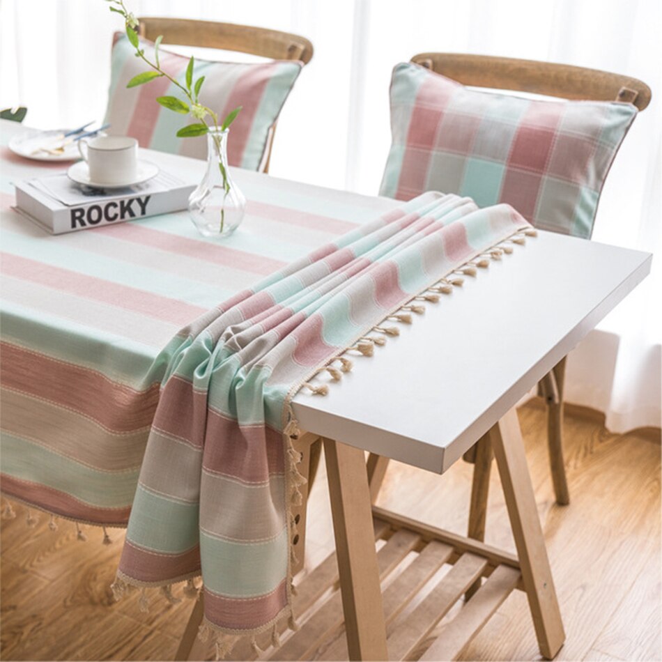 Striped Tablecloth with Tassels,Rectangular Linen Cotton Table Cover for Kitchen Dinning Room Tabletop Coffee Table Decoration - Provence Home Living Store