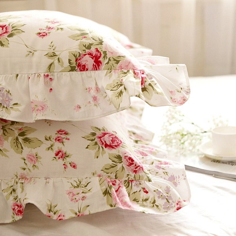 2pcs Pastoral rose print pillowcase elegant handmade ruffle pillow sham cotton decorative pillowcase princess bedroom bedding - Provence Home Living Store