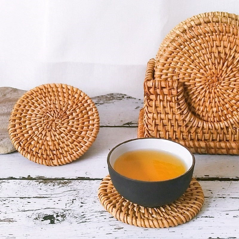 Cup Mat Round Natural Rattan Hot Pad ,Hand Woven Hot Insulation Placemats Table Padding Kitchen Decoration Accessories - Provence Home Living Store