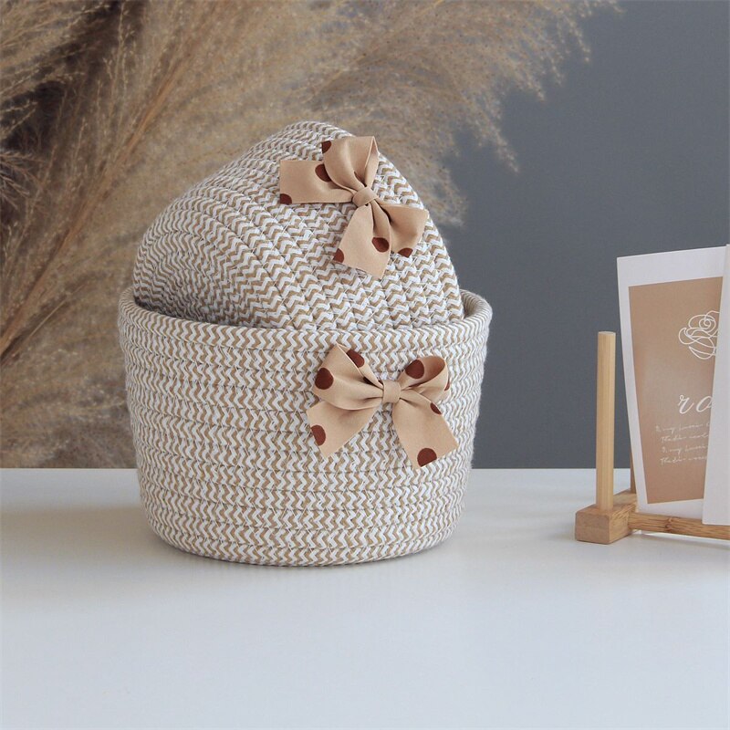 Bowknot Cotton Rope Storage Basket Weaving Nordic Sundries Baby Toys Dirty Clothes Finishing Baskets Desktop Small Organizer Box - Provence Home Living Store