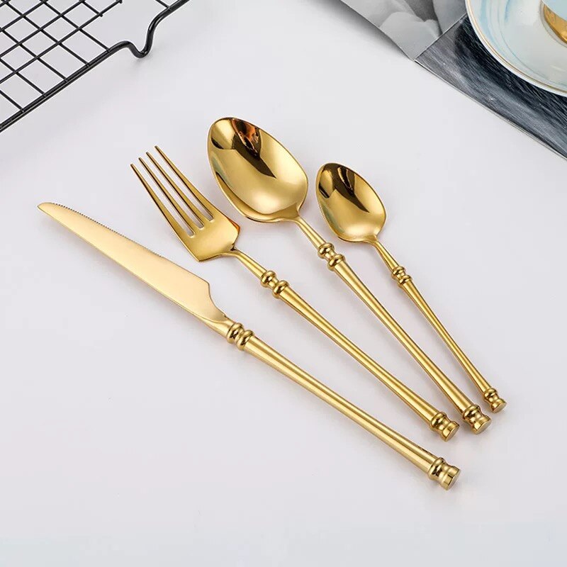 Stainless Steel Cutlery Set Gold Dinnerware Set Forks Knives Spoons Dinnerware Korean Food Cutlery Kitchen Accessories - Provence Home Living Store