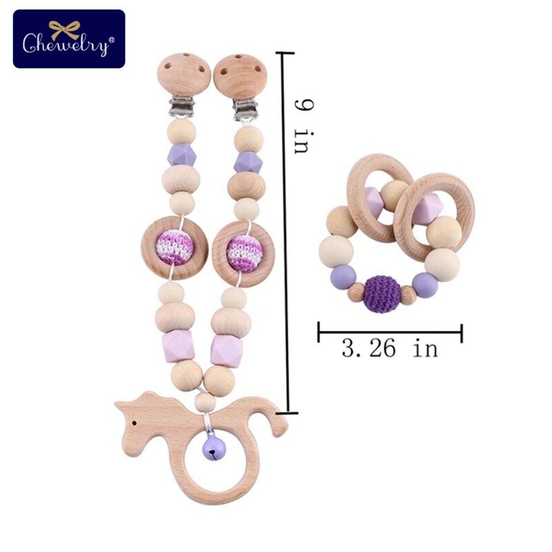 Wooden Teether Baby Play Gym Pacifier Clip Chain Silicone Beads Personalize Dummy Clip Baby Teether Stroller Toys Pram Clip Bell - Provence Home Living Store