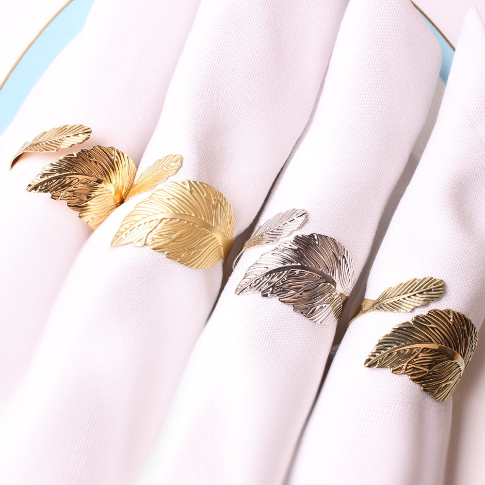 4PCS Leaf Napkin Buckles,Gold Silver Feather Napkin Rings,Wedding Event Decor Crafts Holder Handmade Home Party Supplies - Provence Home Living Store