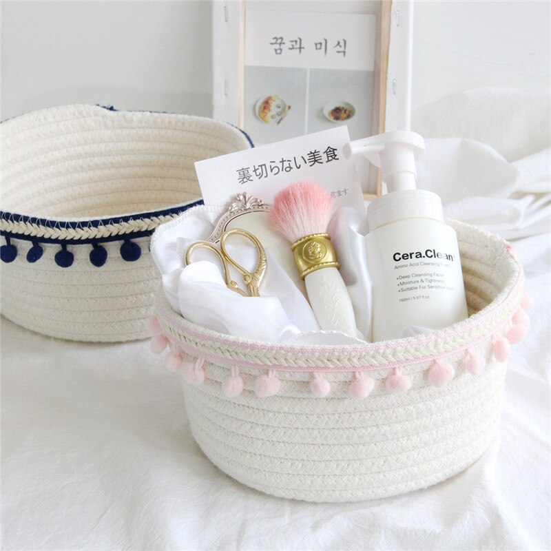 Cotton Rope Storage Baskets With Pompom Handmade Woven Dirty Clothes Laundry Basket Kids Toy Desktop Sundries Organizer Hamper - Provence Home Living Store