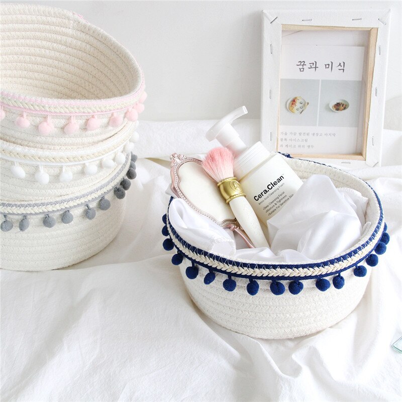 Cotton Rope Storage Baskets With Pompom Handmade Woven Dirty Clothes Laundry Basket Kids Toy Desktop Sundries Organizer Hamper - Provence Home Living Store