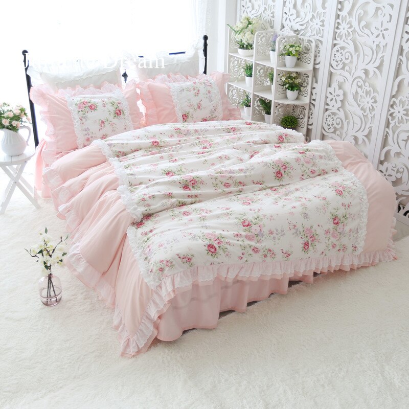 Sweet princess bed set Heavy wrinkle handmade ruffle lace duvet cover pastoral king size bedding set elegant bedding bed sheet - Provence Home Living Store