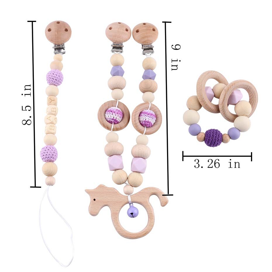 Wooden Teether Baby Play Gym Pacifier Clip Chain Silicone Beads Personalize Dummy Clip Baby Teether Stroller Toys Pram Clip Bell - Provence Home Living Store