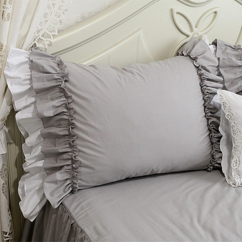 2pcs grey pillow case luxury ruffle lace pillow cover handmade wrinkle bedding pillow cases handsome home textile pillow sham - Provence Home Living Store