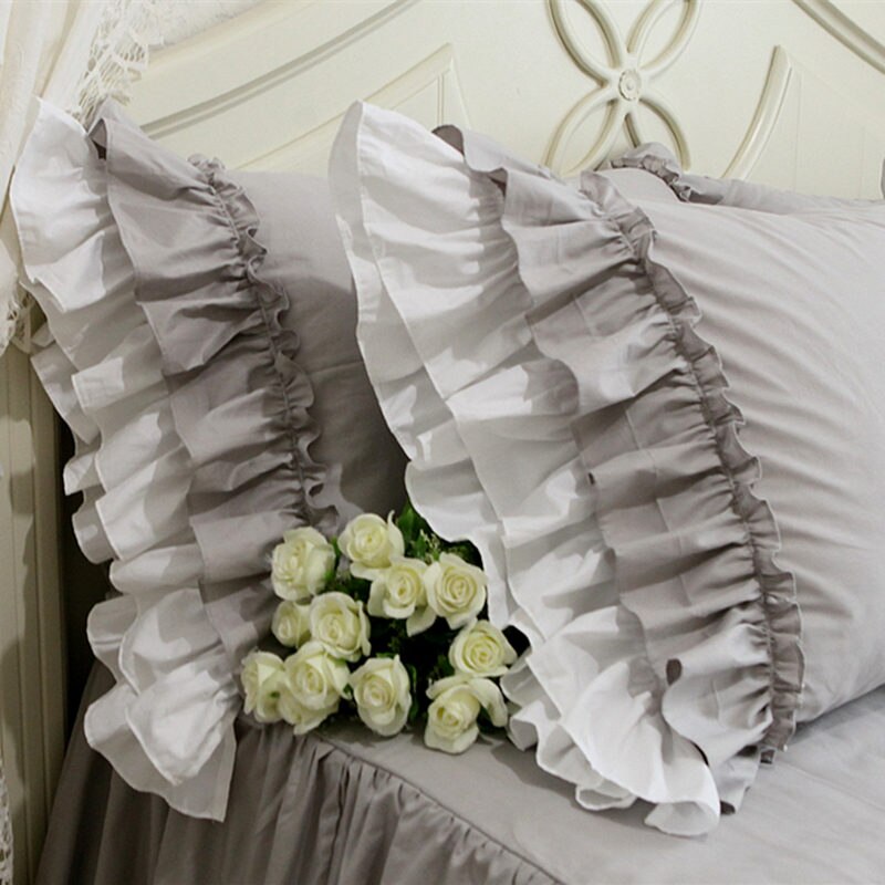 2pcs grey pillow case luxury ruffle lace pillow cover handmade wrinkle bedding pillow cases handsome home textile pillow sham - Provence Home Living Store