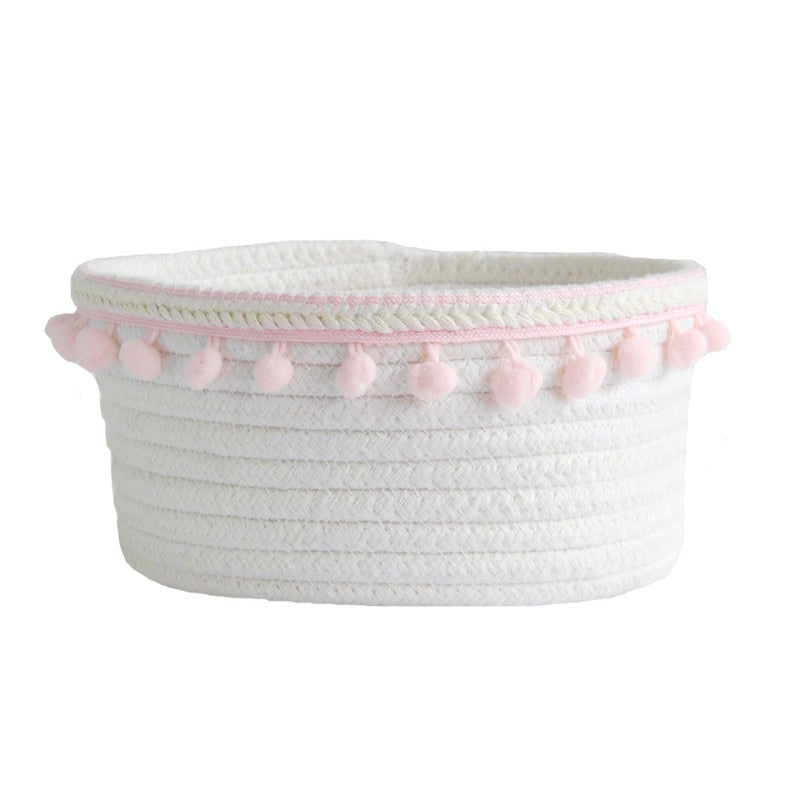 Cotton Rope Storage Baskets With Pompom Handmade Woven Dirty Clothes Laundry Basket Kids Toy Desktop Sundries Organizer Hamper - Provence Home Living Store