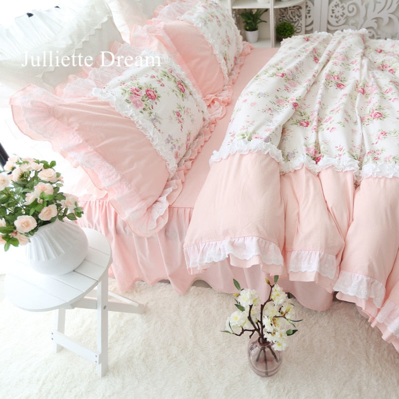 Sweet princess bed set Heavy wrinkle handmade ruffle lace duvet cover pastoral king size bedding set elegant bedding bed sheet - Provence Home Living Store