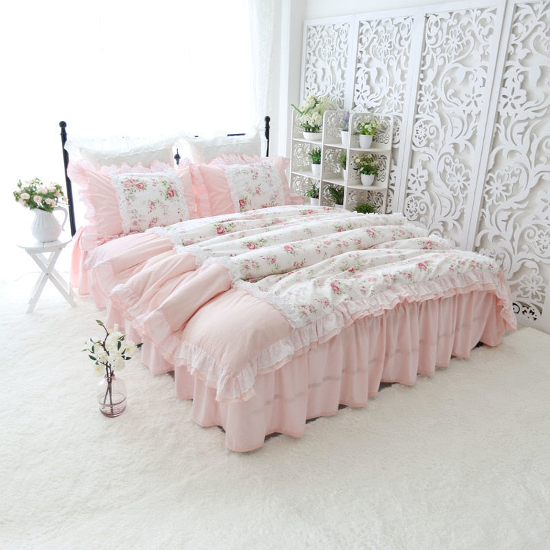 Sweet princess bed set Heavy wrinkle handmade ruffle lace duvet cover pastoral king size bedding set elegant bedding bed sheet - Provence Home Living Store