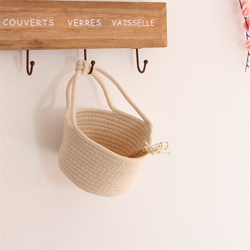 Cotton Rope Woven Storage Basket Wall Hanging Flower Baskets Desktop Sundries Snacks Organizer Box Kids Toys Cosmetics Container - Provence Home Living Store