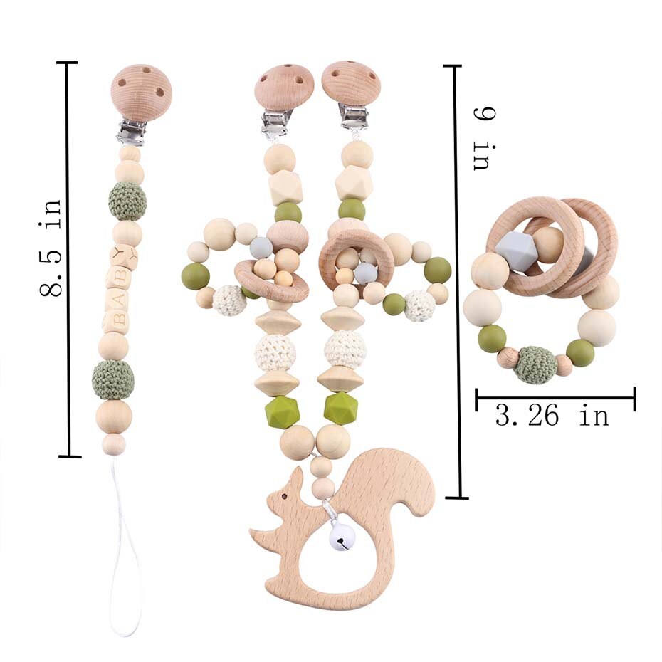 Wooden Teether Baby Play Gym Pacifier Clip Chain Silicone Beads Personalize Dummy Clip Baby Teether Stroller Toys Pram Clip Bell - Provence Home Living Store