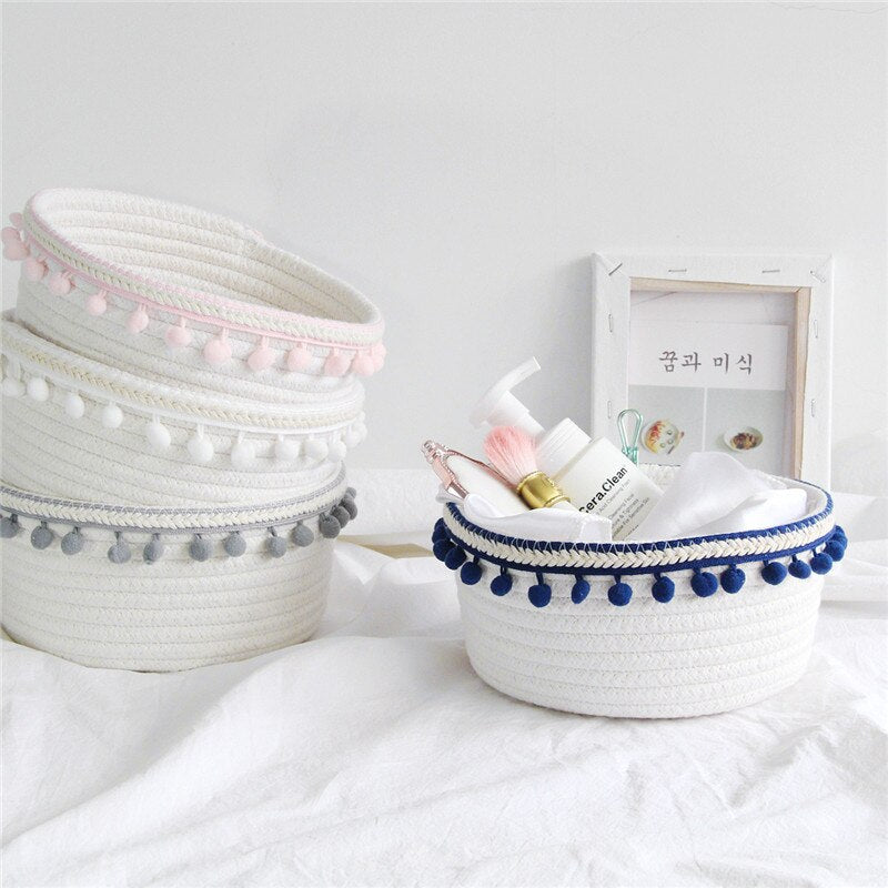 Cotton Rope Storage Baskets With Pompom Handmade Woven Dirty Clothes Laundry Basket Kids Toy Desktop Sundries Organizer Hamper - Provence Home Living Store