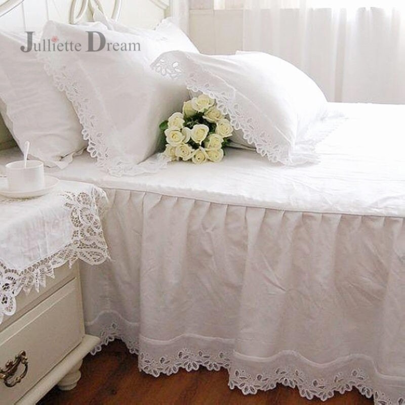 Hot European bedding set white hollow out embroidery bedding princess duvet cover cotton ruffle bedspread lace bed quilt cover - Provence Home Living Store