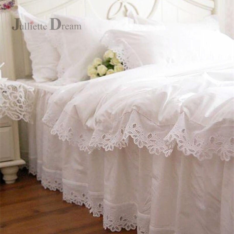 Hot European bedding set white hollow out embroidery bedding princess duvet cover cotton ruffle bedspread lace bed quilt cover - Provence Home Living Store