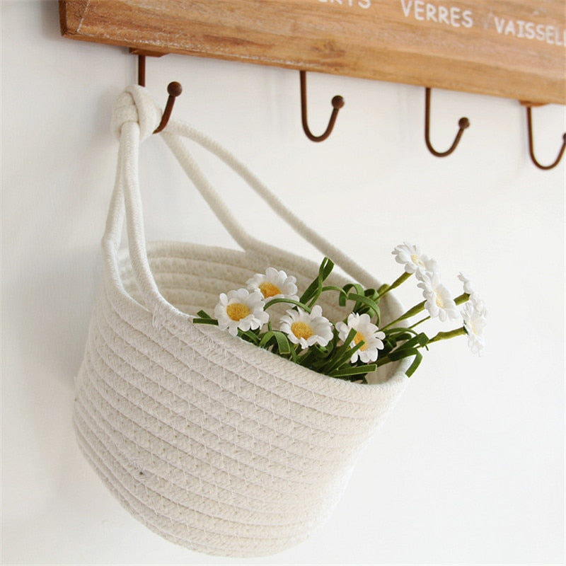 Cotton Rope Woven Storage Basket Wall Hanging Flower Baskets Desktop Sundries Snacks Organizer Box Kids Toys Cosmetics Container - Provence Home Living Store