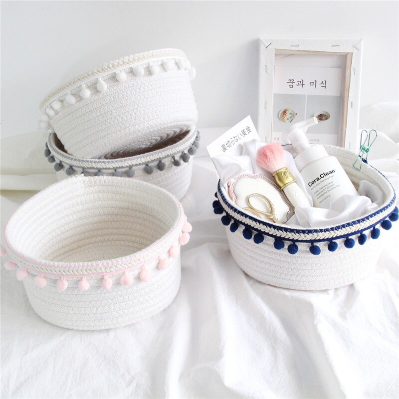 Cotton Rope Storage Baskets With Pompom Handmade Woven Dirty Clothes Laundry Basket Kids Toy Desktop Sundries Organizer Hamper - Provence Home Living Store