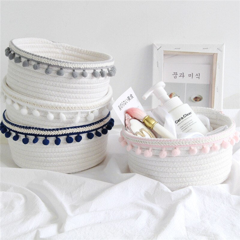 Cotton Rope Storage Baskets With Pompom Handmade Woven Dirty Clothes Laundry Basket Kids Toy Desktop Sundries Organizer Hamper - Provence Home Living Store