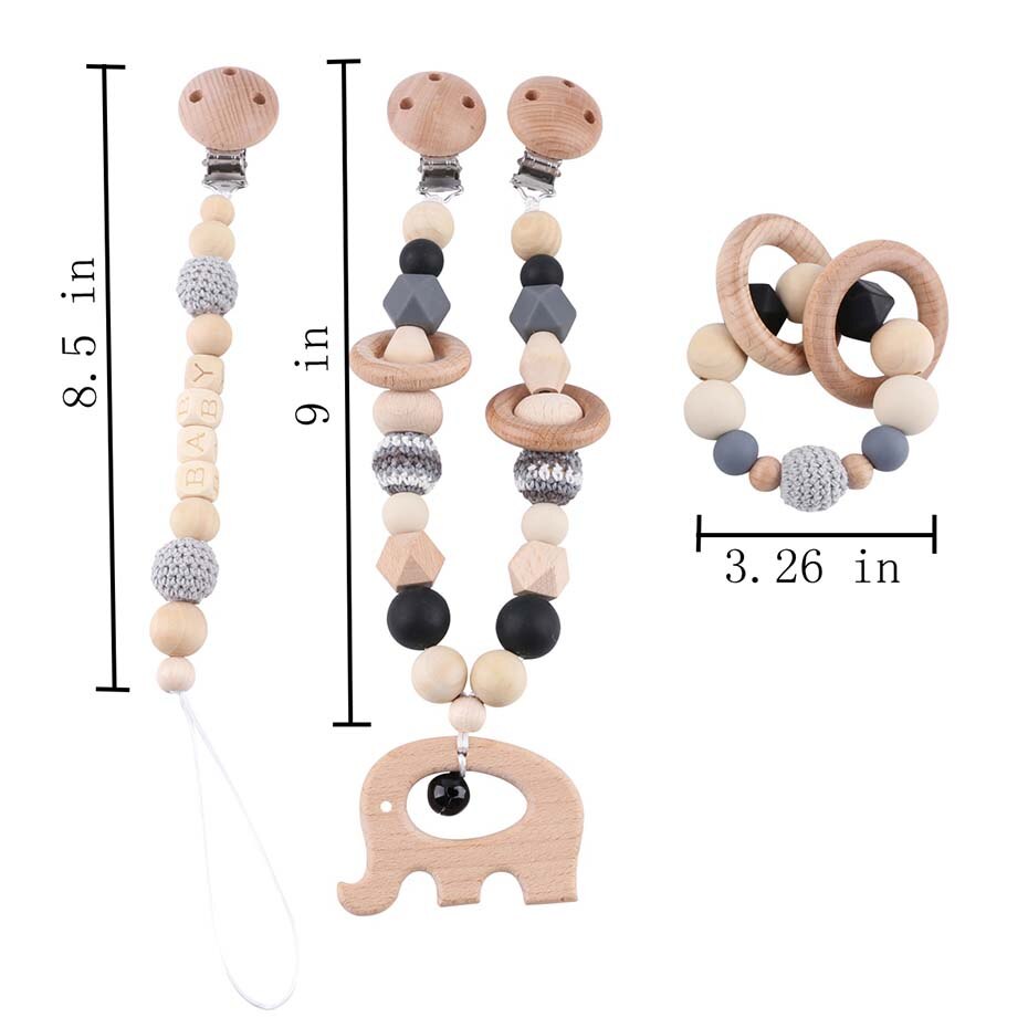 Wooden Teether Baby Play Gym Pacifier Clip Chain Silicone Beads Personalize Dummy Clip Baby Teether Stroller Toys Pram Clip Bell - Provence Home Living Store