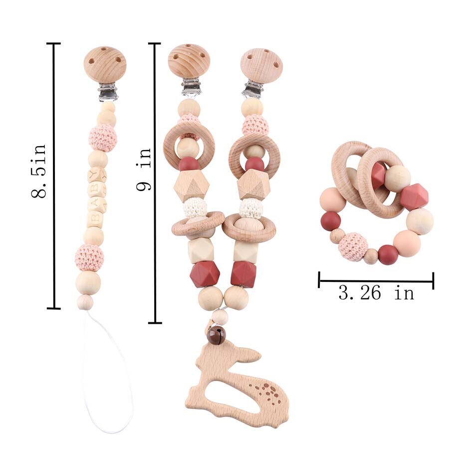 Wooden Teether Baby Play Gym Pacifier Clip Chain Silicone Beads Personalize Dummy Clip Baby Teether Stroller Toys Pram Clip Bell - Provence Home Living Store