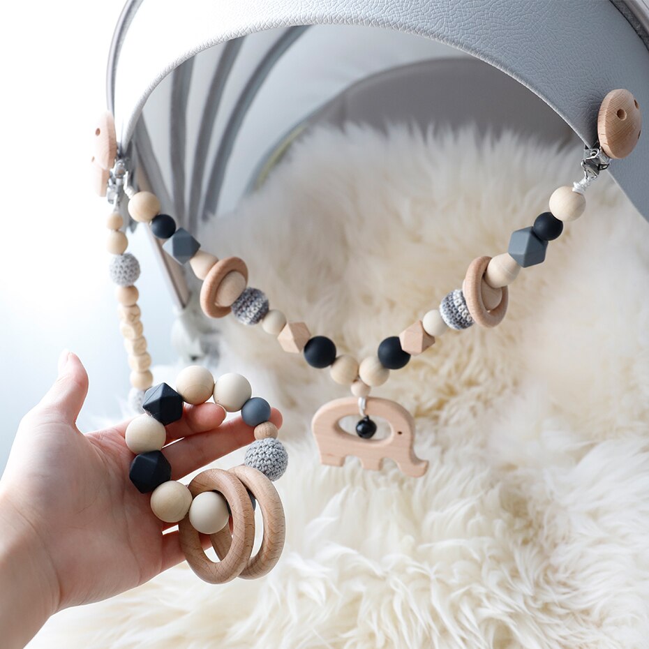 Wooden Teether Baby Play Gym Pacifier Clip Chain Silicone Beads Personalize Dummy Clip Baby Teether Stroller Toys Pram Clip Bell - Provence Home Living Store