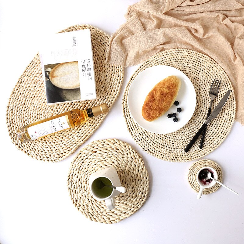 Round Rattan Placemats Natural Corn Straw Woven Dining Table Mats Heat Insulation Pot Holder Cup Coasters Kitchen Accessories - Provence Home Living Store