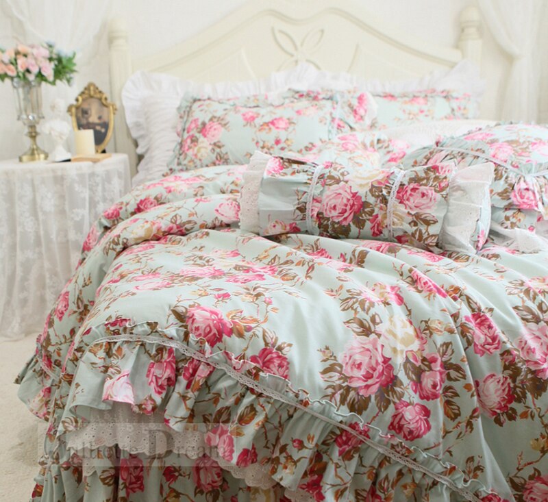 Fresh Embroidery rose print cushion bed decorative bedding pillow candy cushion princess ruffle lumbar pillow sofa hand rests - Provence Home Living Store