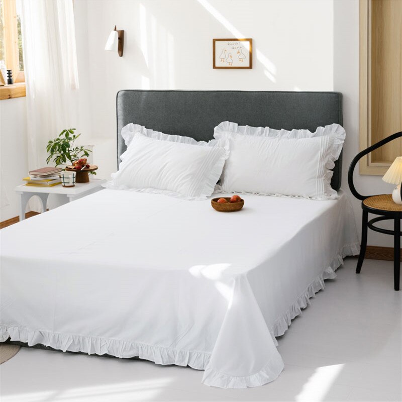 3pcs White Flat Sheet Thickened 100% Cotton Bedding Sheets queen Lotus Leaf Flat Bed Sheet sets bed sheets and pillowcases - Provence Home Living Store