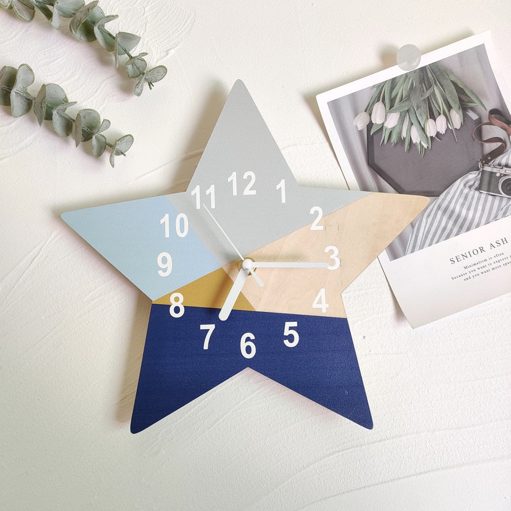 INS Nordic Wooden Geometric Wall Clock Blue Series Five Pointed Shaped Digital Wood Mute Silent Clocks Living Room Hanging Watch - Provence Home Living Store