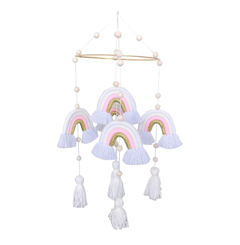 Cute Room Decoration Nordic Style Rainbow Wall Hanging Hand-Woven Rainbow Clouds Tassel Kids Rattle Mobile Crib Toy Home Decor - Provence Home Living Store