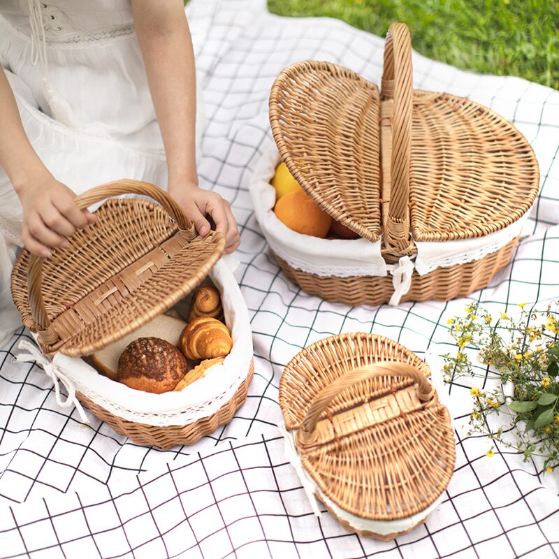 Wicker Handmade Woven Rattan Basket With Handle And Double Lids Camping Picnic Food Storage Container For Camping - Provence Home Living Store