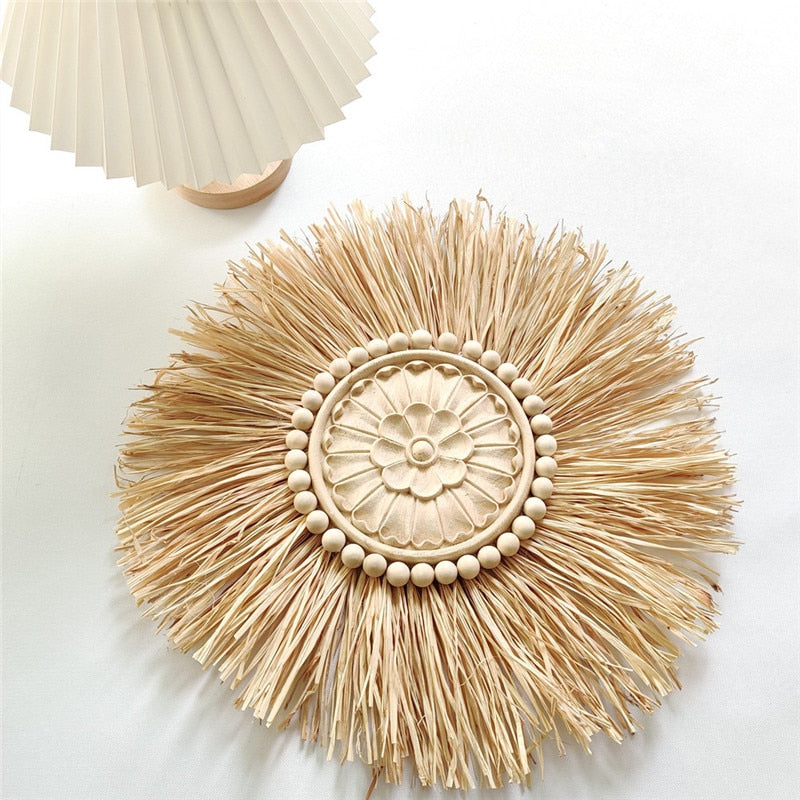 INS Nordic Round Woven Raffith Straw Hanging Pendant Wall Ornaments Moroccan Wooden Beads Carved Handicrafts Homestay Home Decor - Provence Home Living Store