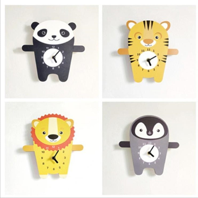 Cartoon Animals Wall Clock Wooden Nordic Mute Clocks For Baby Kids Room Decoration Furnitures Hanging Nursery Decor Photo Props - Provence Home Living Store