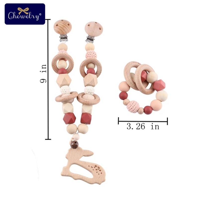 Wooden Teether Baby Play Gym Pacifier Clip Chain Silicone Beads Personalize Dummy Clip Baby Teether Stroller Toys Pram Clip Bell - Provence Home Living Store