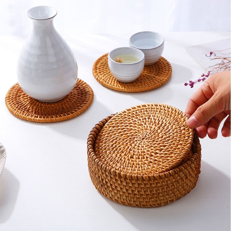 Cup Mat Round Natural Rattan Hot Pad ,Hand Woven Hot Insulation Placemats Table Padding Kitchen Decoration Accessories - Provence Home Living Store