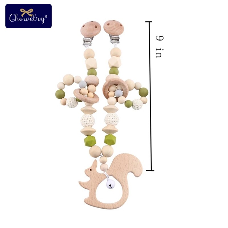 Wooden Teether Baby Play Gym Pacifier Clip Chain Silicone Beads Personalize Dummy Clip Baby Teether Stroller Toys Pram Clip Bell - Provence Home Living Store