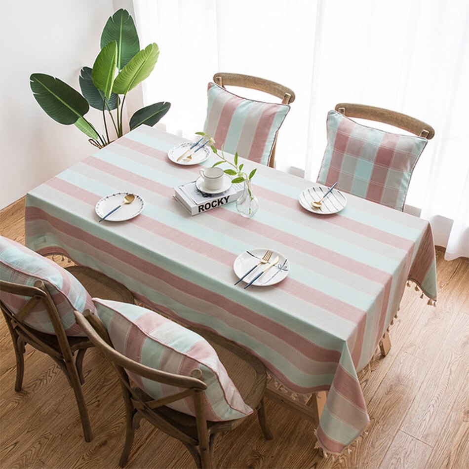 Striped Tablecloth with Tassels,Rectangular Linen Cotton Table Cover for Kitchen Dinning Room Tabletop Coffee Table Decoration - Provence Home Living Store